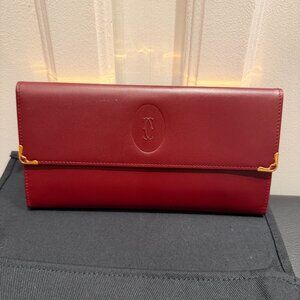 CARTIER Bordeaux Trifold Leather Wallet w/Coin Pocket, Dust Bag & Authenticity